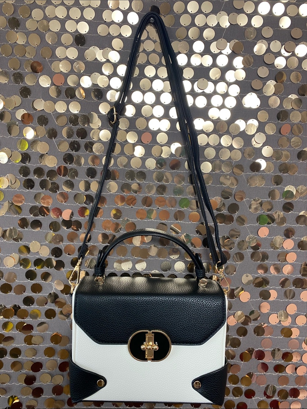 White and black bag with gold accents #035